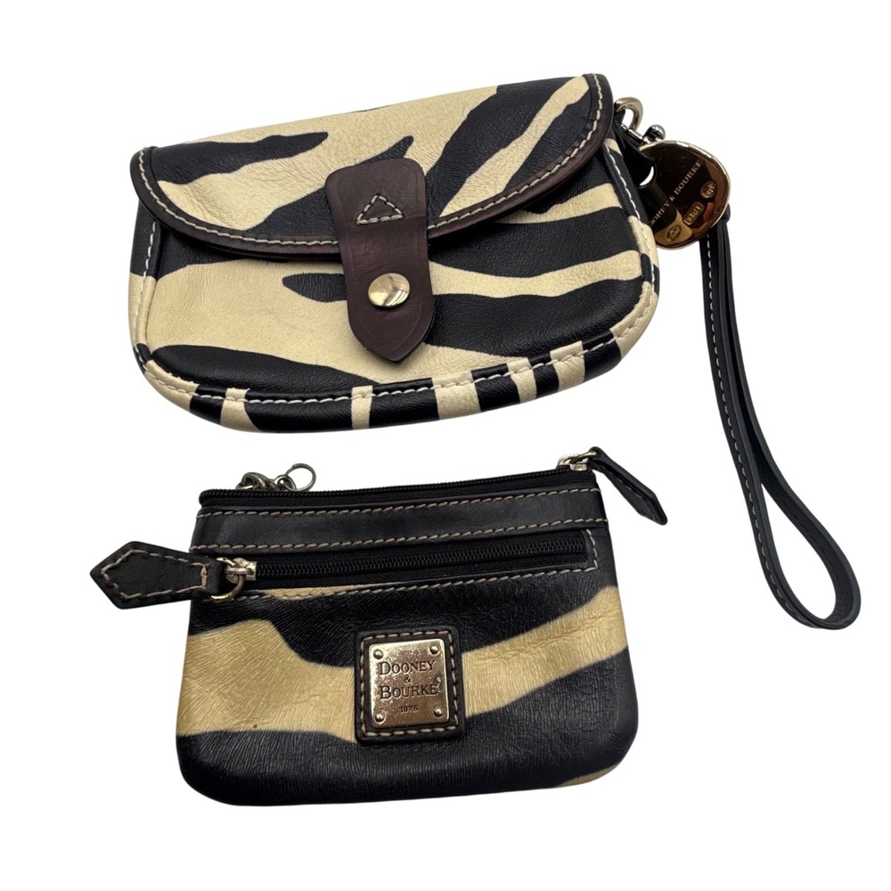 Dooney & Bourke 1975 Zebra Wristlet Wallet Matching Zip Pouch Set Black Cream